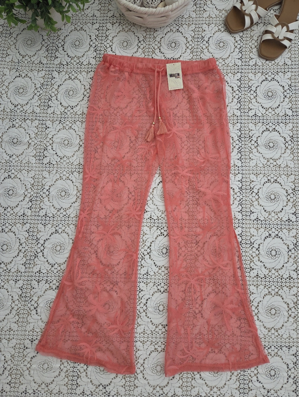 Miken Coral Mesh Palm-Embroidered Beach Pants